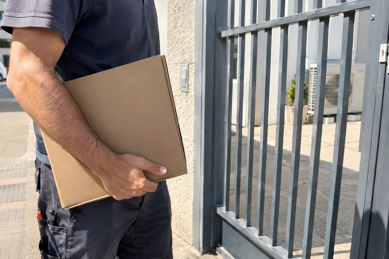 Carpeta de documentación junto a una puerta metálica