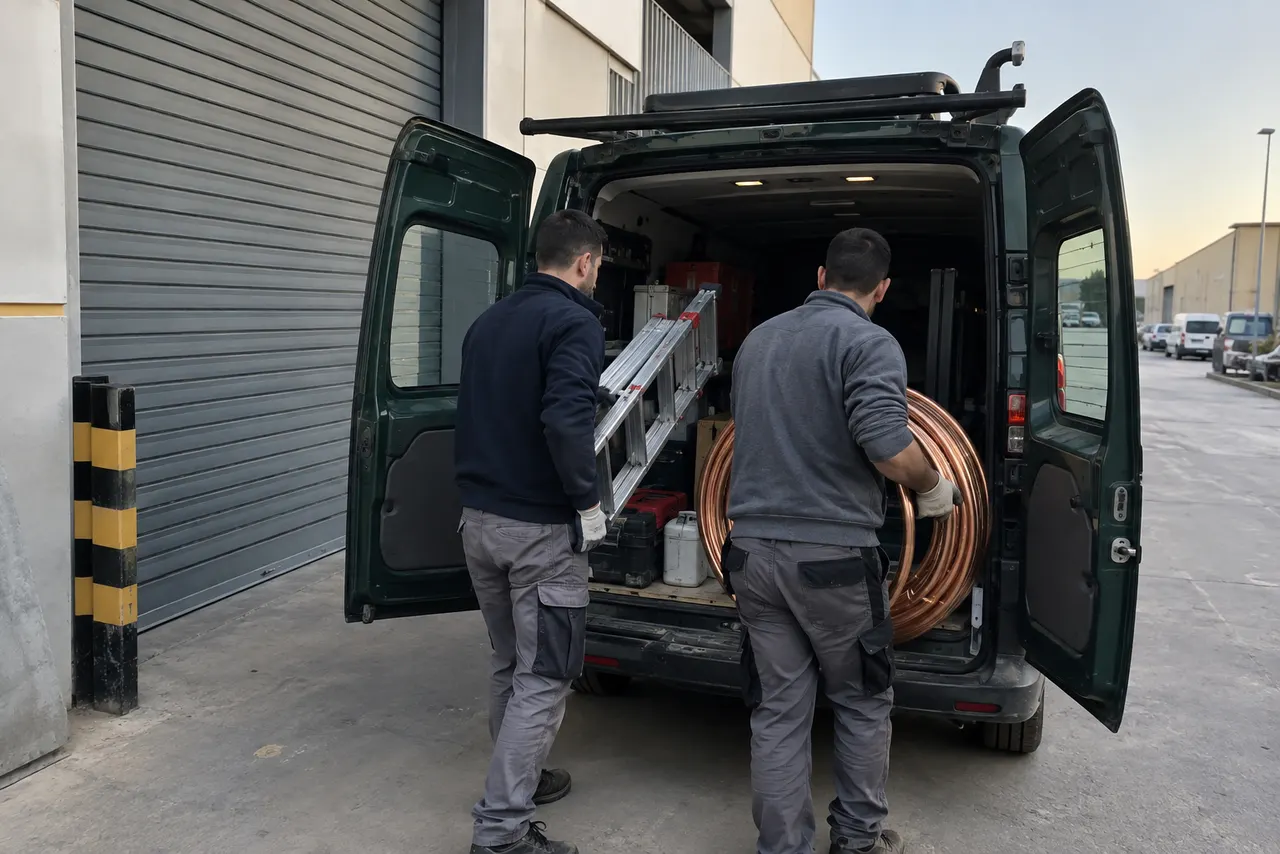 Técnicos cargando material en una furgoneta junto a un taller