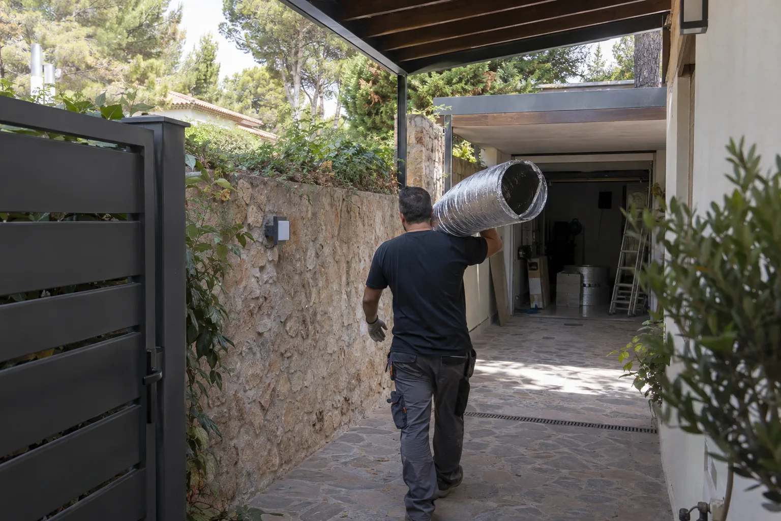 Preparación de conductos en el porche de una vivienda
