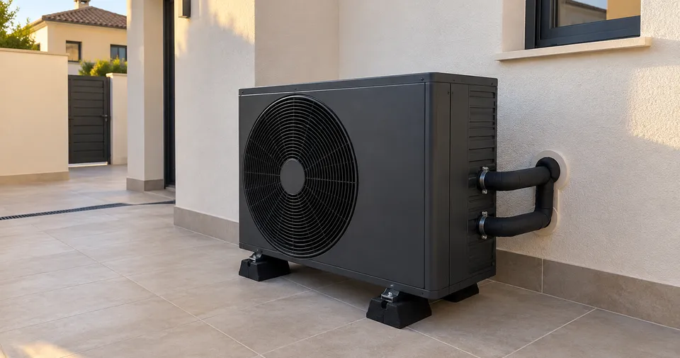 Unidad exterior de bomba de calor en una terraza residencial