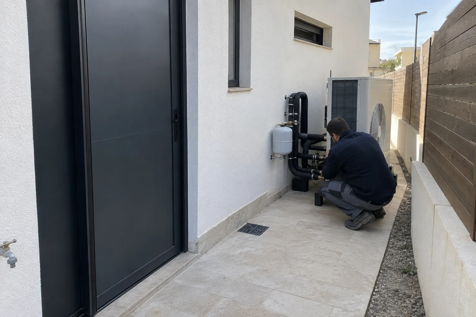 Revisión de conexiones de una bomba de calor en el lateral de una vivienda